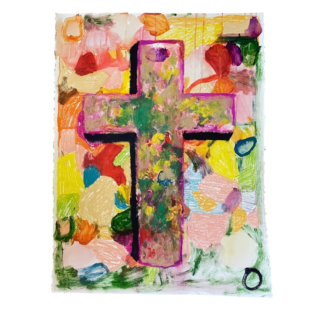 Original Abstract Cross Painting by O Mixed Media Religious Wall Art 23x30